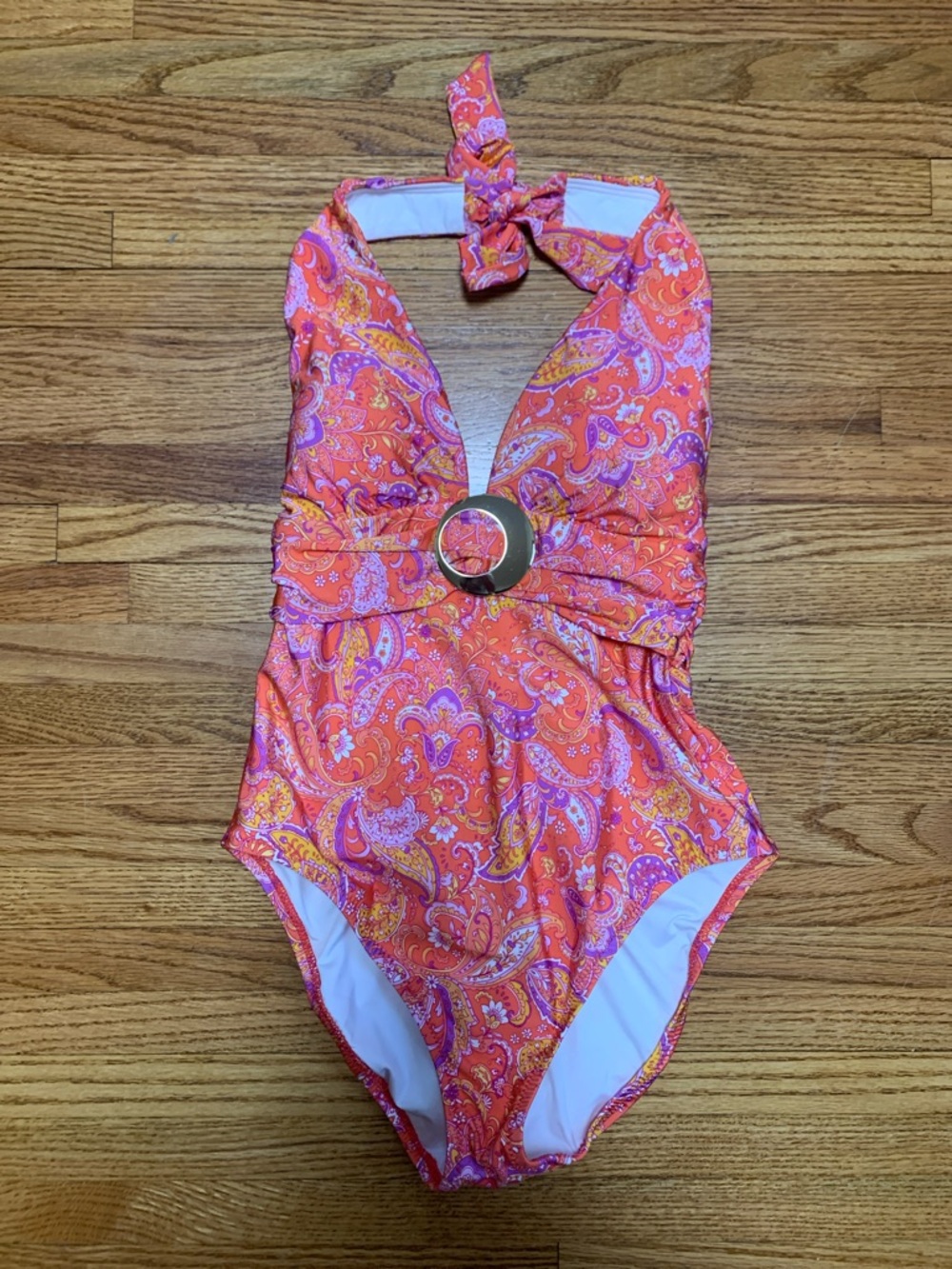 Sunshine 79 swimsuit - open back halter one piece, v neck plunge paisley daze